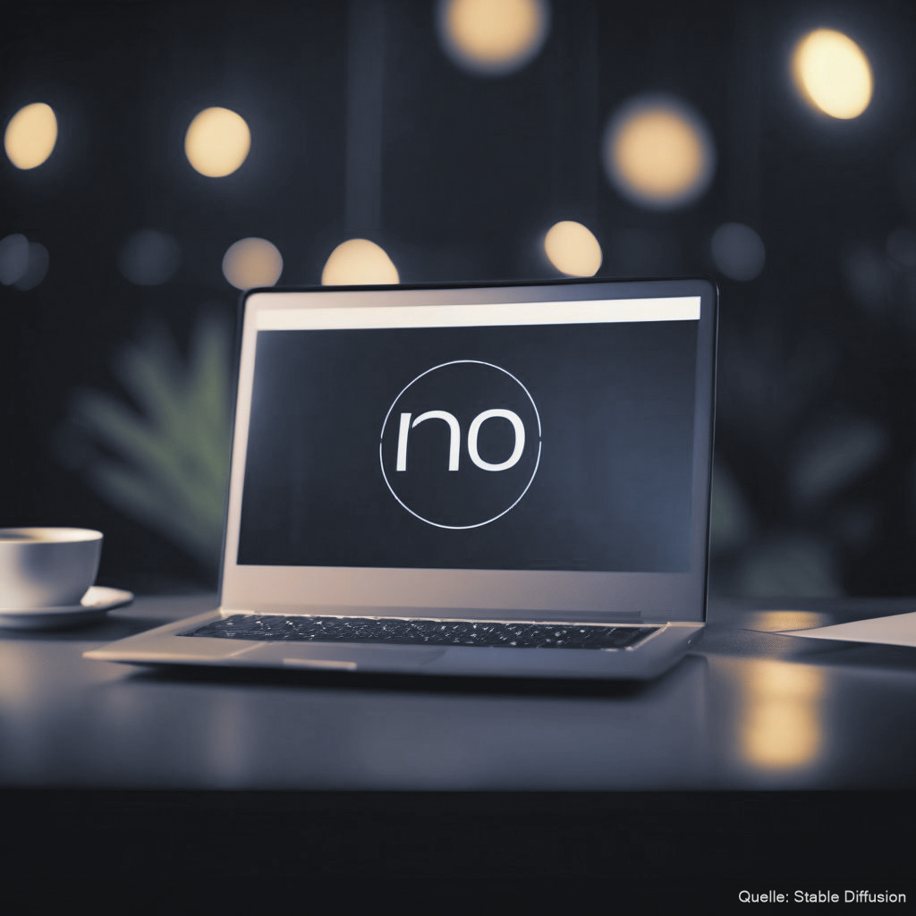Laptop auf einem Schreibtisch, auf dem Bildschirm ist das Wort "no" zu sehen