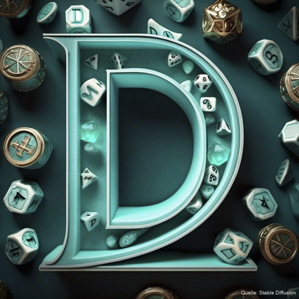 letter D (placed in center) made from dungeon game items, color scheme: Light Sea turquoise