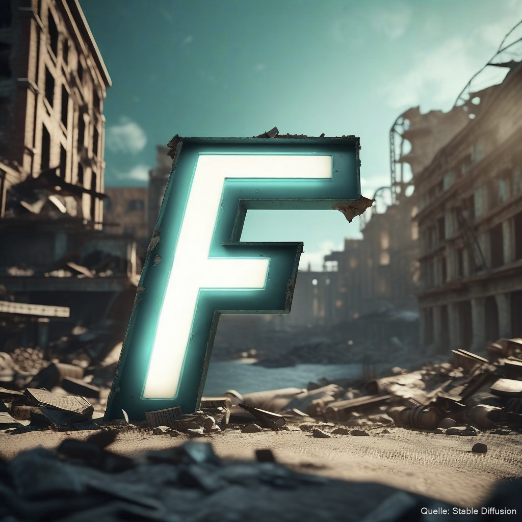 Letter F in a destroyed city from the game fallout, color scheme: Light Sea turquoise
