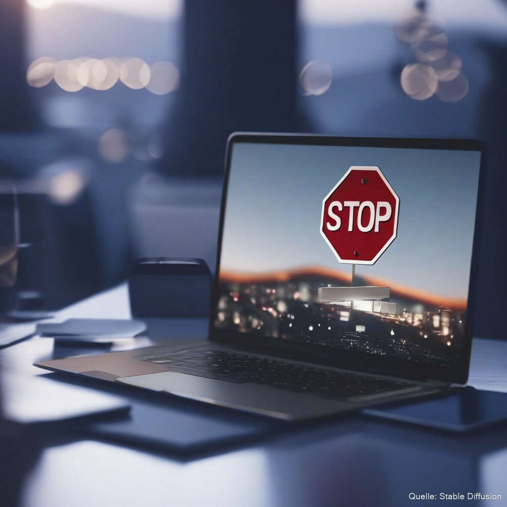 Laptop auf dem Tisch wo ein Stop Schild auf dem Bildschirm angezeigt wird