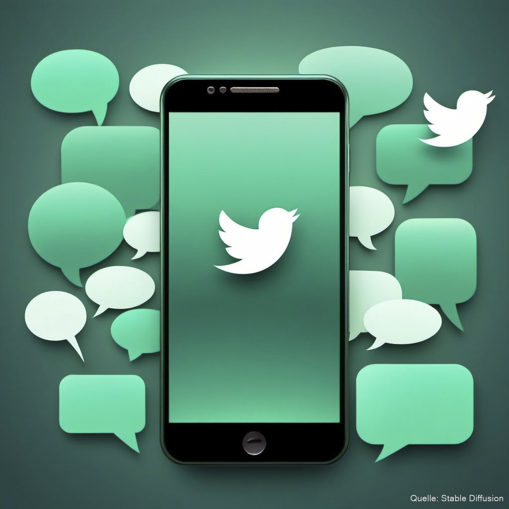 Smartphone mit Twitter Icon auf dem Bildschirm, Sprechblasen im Hintergrund