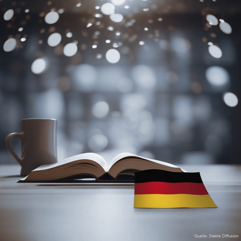 Ein Buch liegt aufgeschlagen in der Mitte, da neben ist in klein die deutsche Flagge zu sehen und dies soll das Grundgesetz von Deutschland repräsentatieren