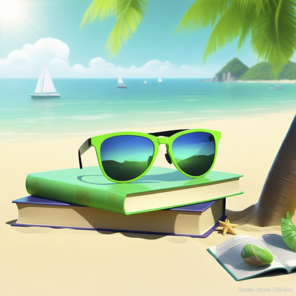 Mehrere Bücher und eine Sonnenbrille liegen am Strand