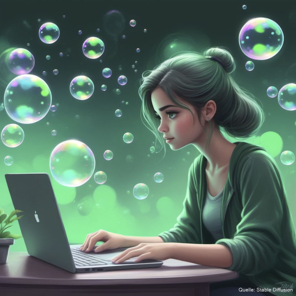 Mädchen sitzt am Laptop, um sie herum bewegen sich Seifenblasen
