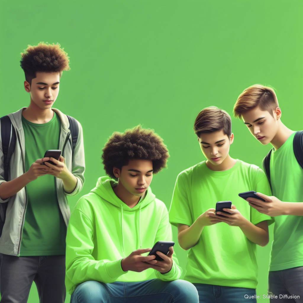 Gruppe von Jugendlichen, jeder schaut auf sein Smartphone