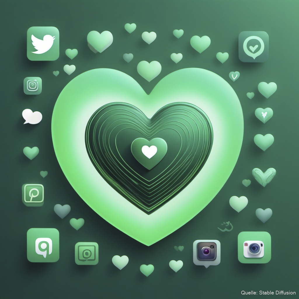 Großes Herz in der Mitte des Bildes, Social Media Icons im Hintergrund