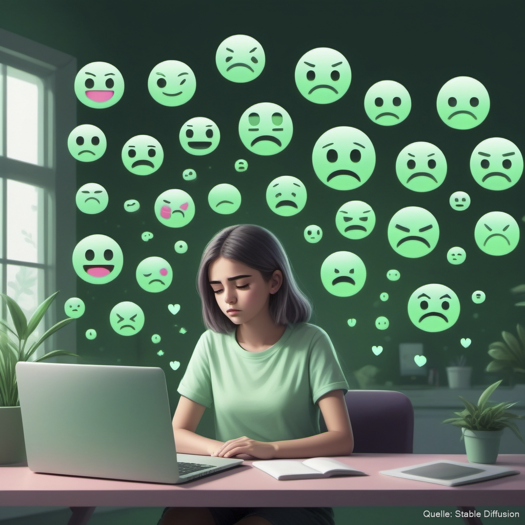 Mädchen sitzt am Laptop, traurige Emojis im Hintergrund