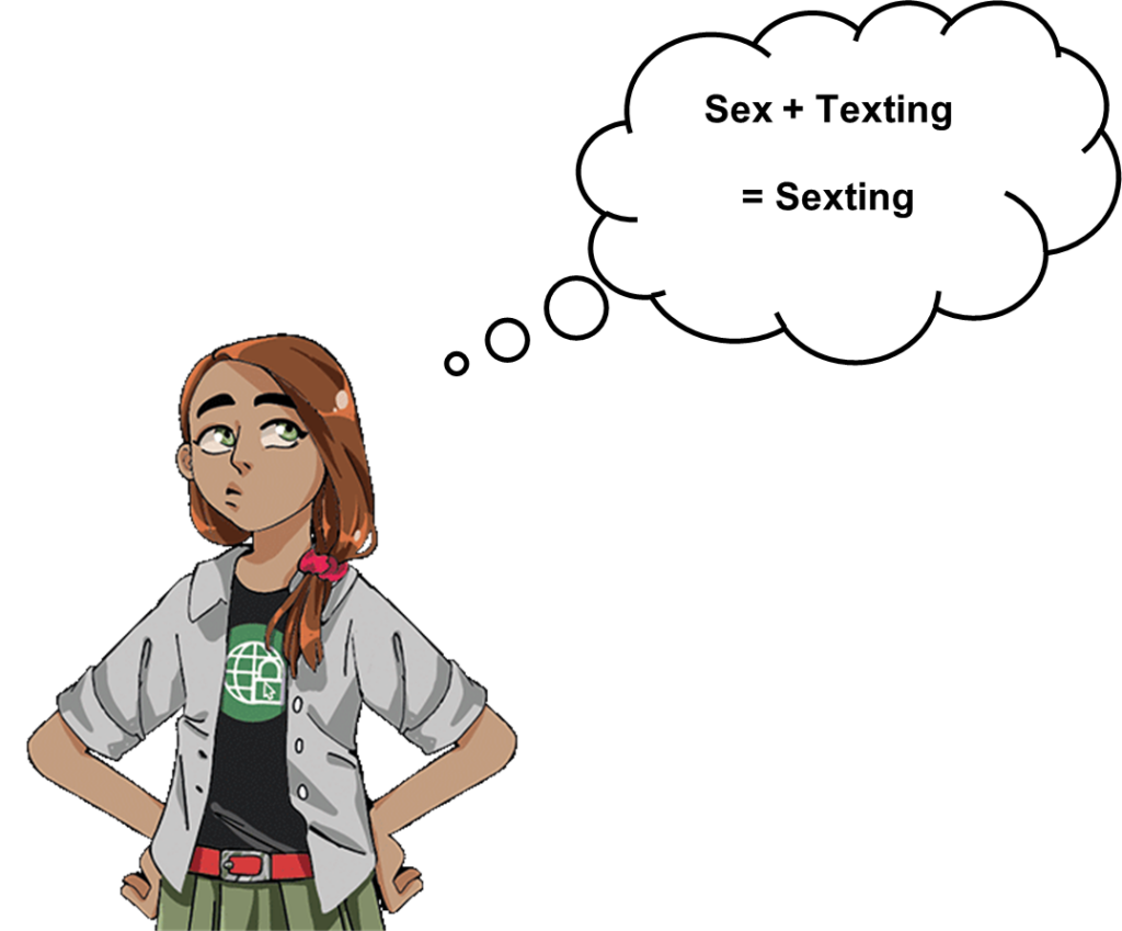 Zu sehen ist ein Mädchen, welches über Sexting nachdenkt. Dabei merkt sie, dass Sexting sich aus Sex und Texting zusammensetzt. 