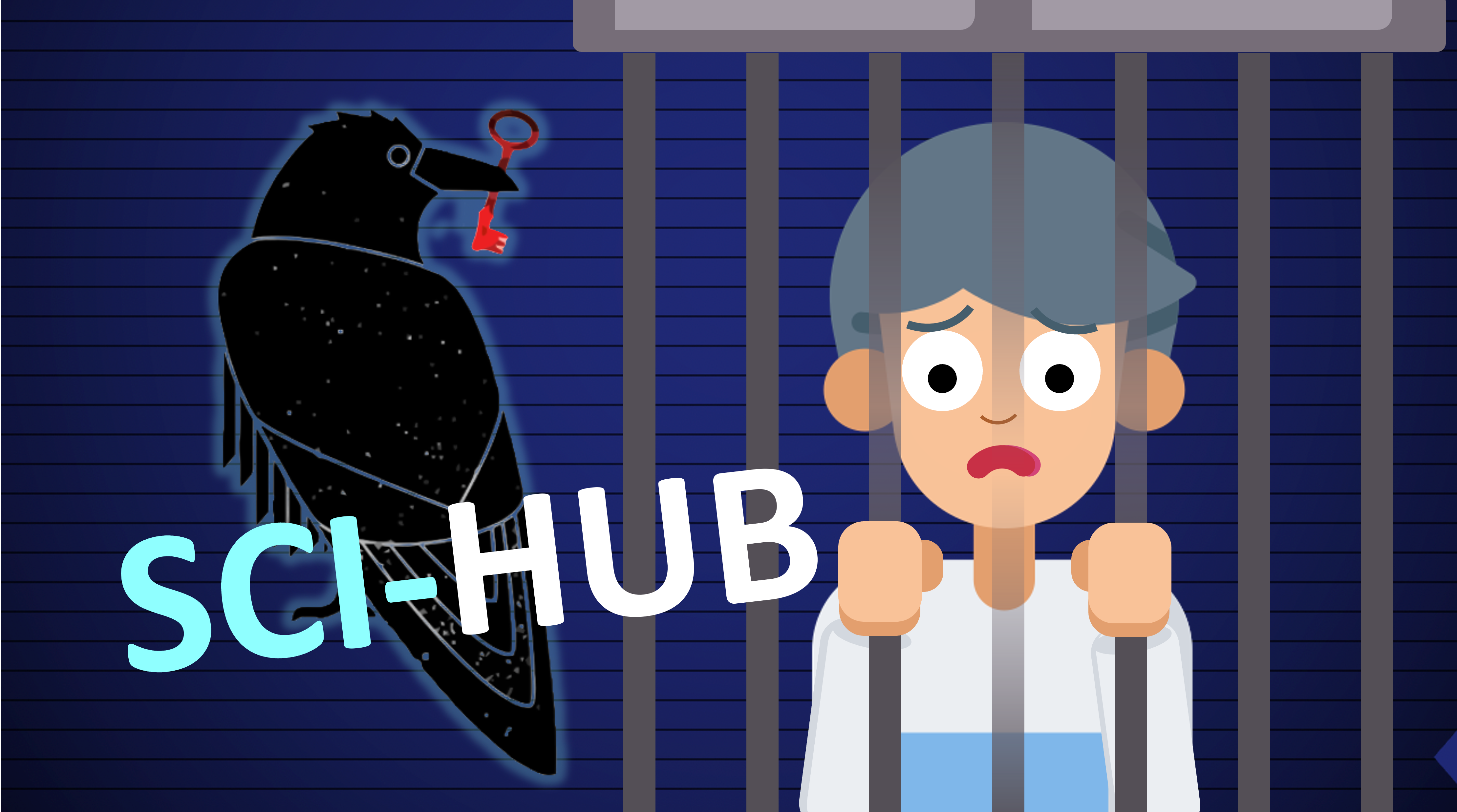 Auf dem Bild ist links ein schwarzer Rabe mit einem roten Schlüssel im Mund zu sehen. Rechts befindet sich ein junge, welcher hinter Gitterstäben steht und sich daran festhält. Links unter dem Rahmen steht „SCI-HUB“.