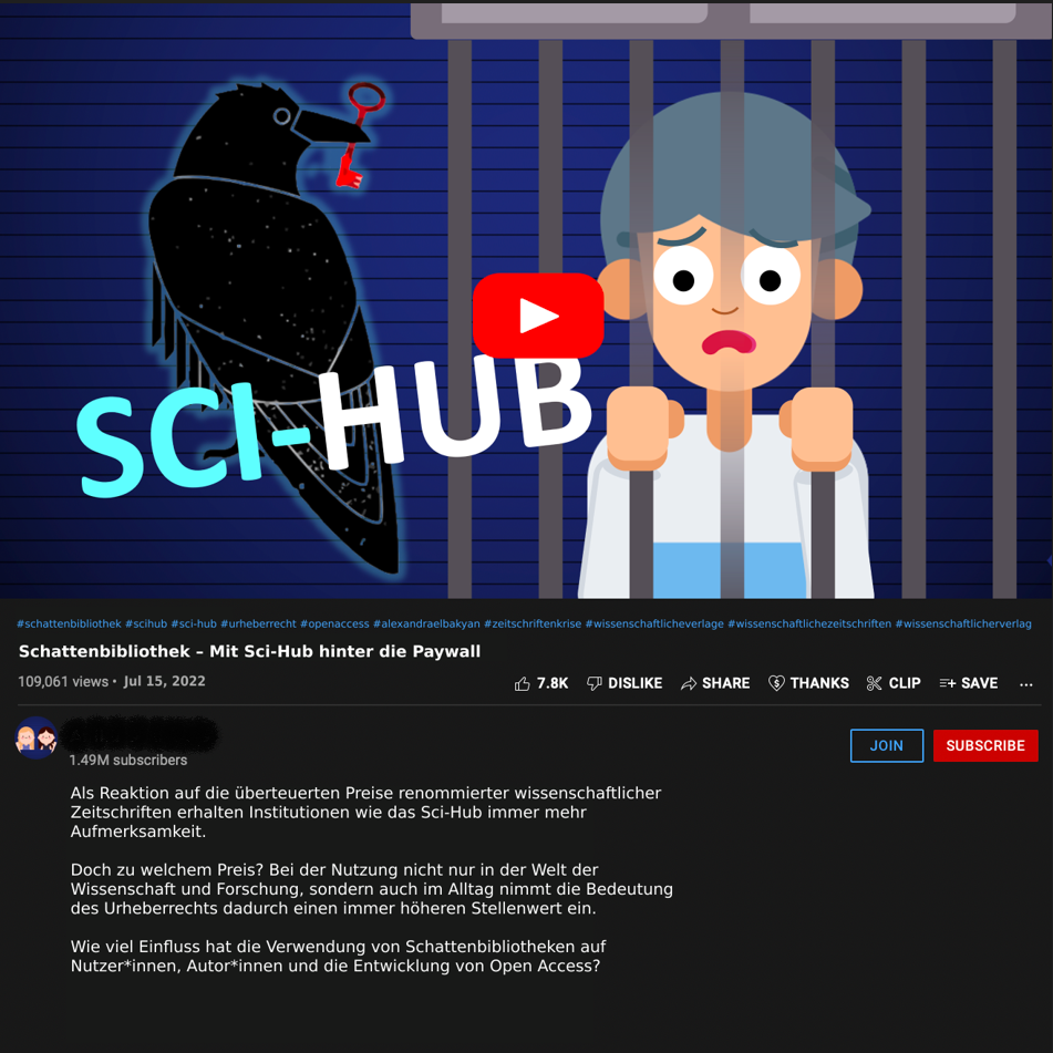 Auf dem Bild ist links ein schwarzer Rabe mit einem roten Schlüssel im Mund zu sehen. Rechts befindet sich ein junge, welcher hinter Gitterstäben steht und sich daran festhält. Links unter dem Rahmen steht „SCI-HUB“.