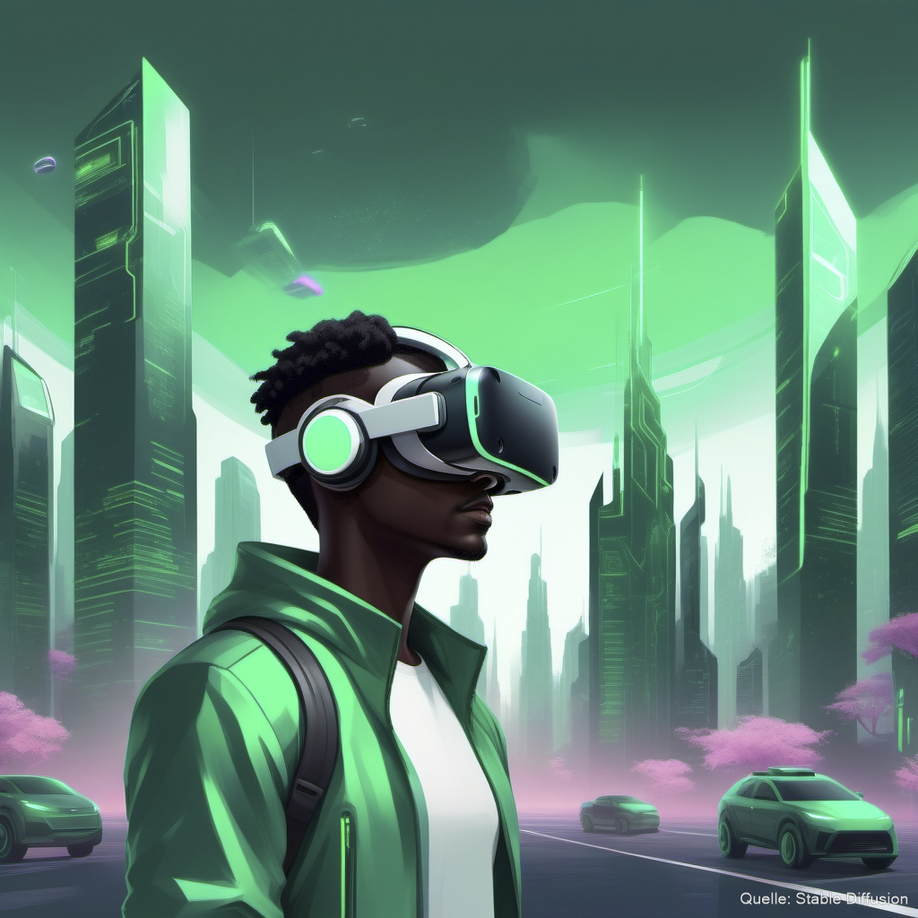 Junge mit VR-Brille, Stadt im Hintergrund
