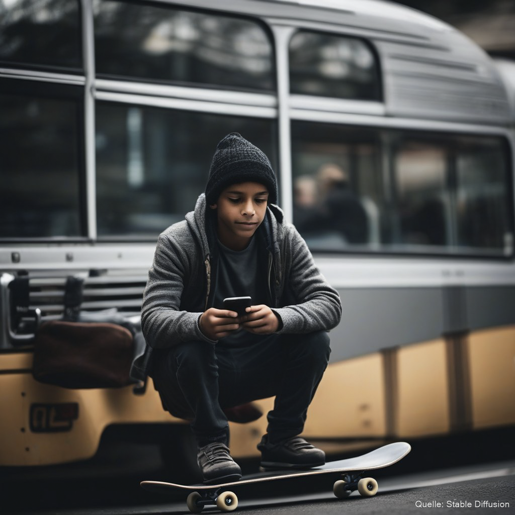 Ein Teenager sitzt auf seinem Skateboard und spielt auf seinem Handy ein Videospiel.