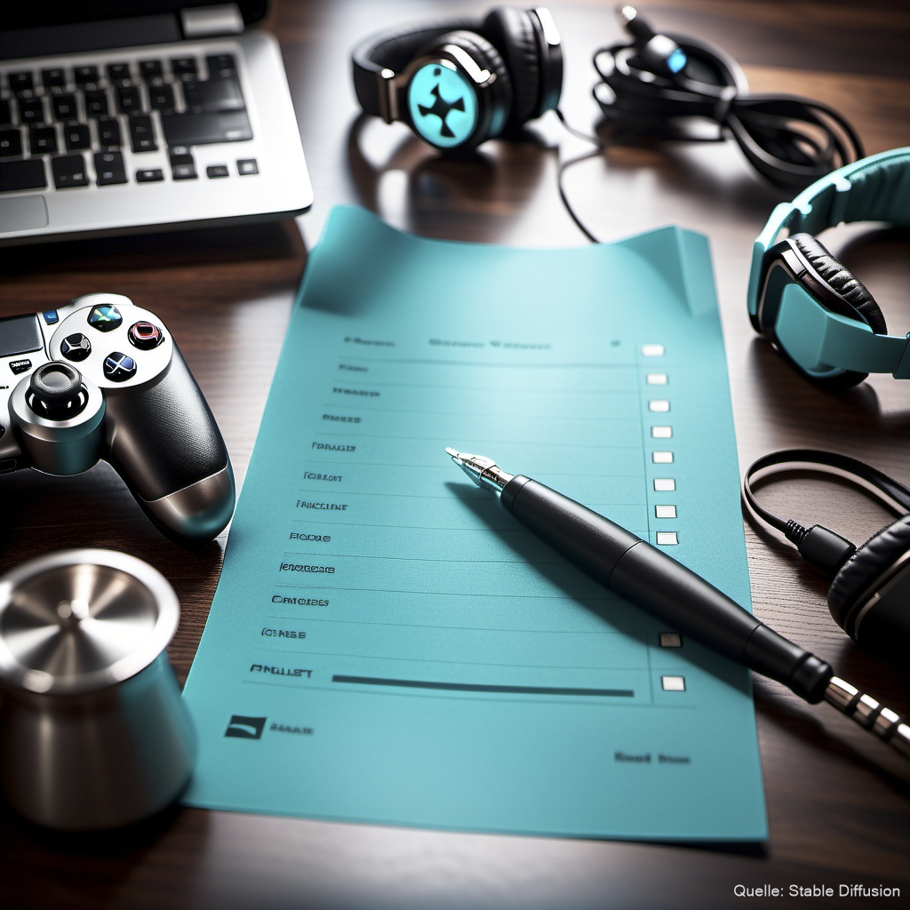 a piece of paper with a checklist written on it surrounded by gaming utensils on a wooden desk, color scheme: dark cyan