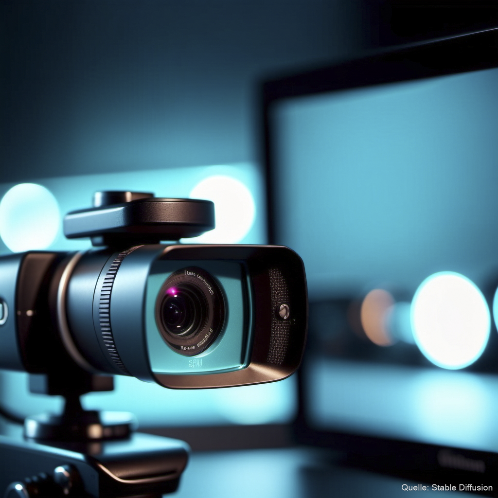 close up of a webcam surrounded by video lights, color scheme: dark cyan