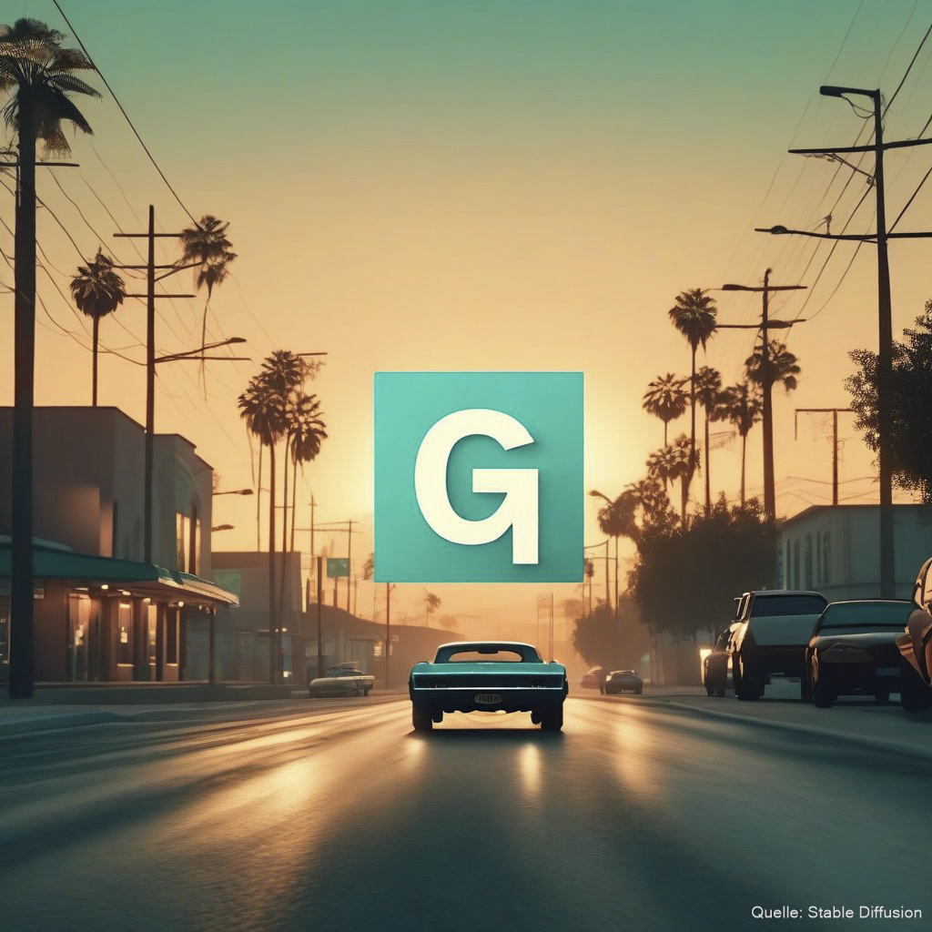 Letter "G" placed in a gta san andreas world, inside a street at dawn with cars passing by, color scheme: Light turquoise