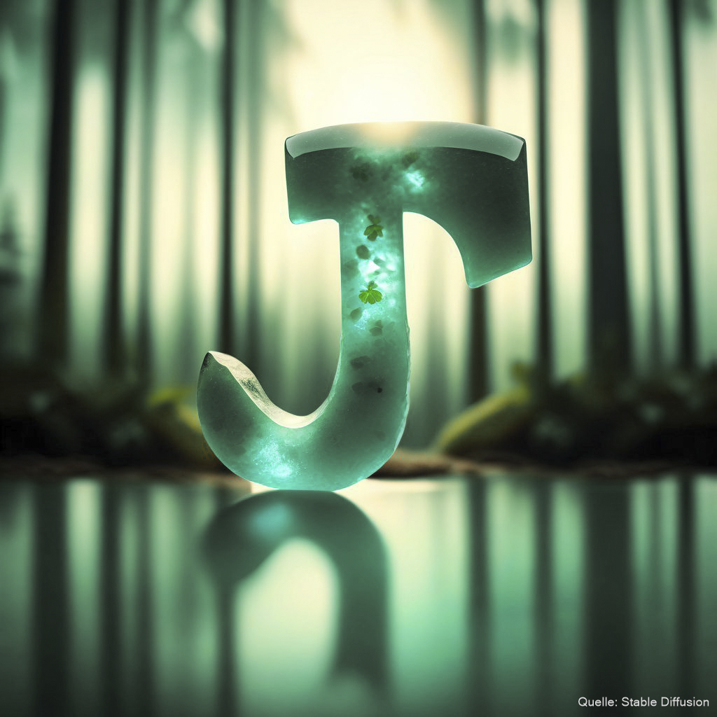 The letter "J" made from jade stone floating in a forest, color scheme: Light Sea turquoise