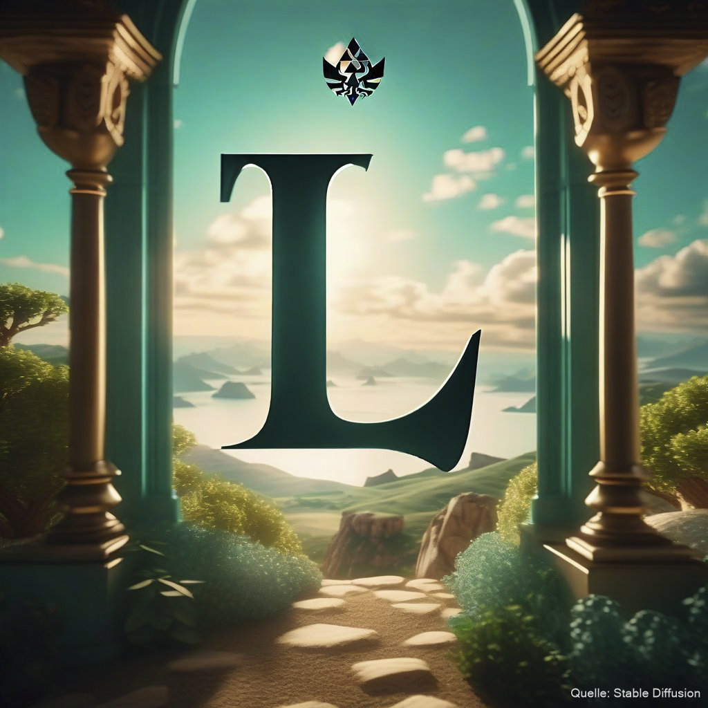 The letter "L" in a legend of zelda theme in a wide flourishing landscape, color scheme: Light Sea turquoise