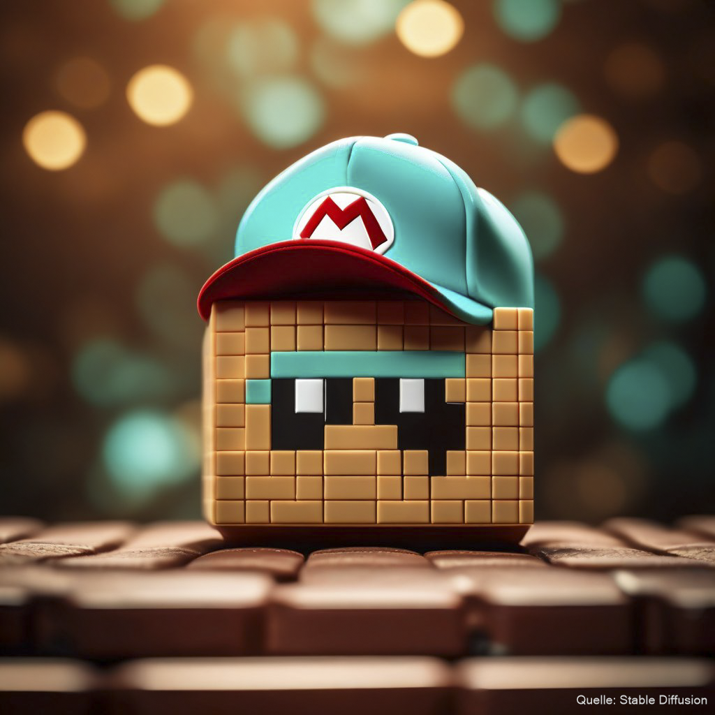 a super mario cap sitting on a brick cube, color scheme: Light Sea turquoise