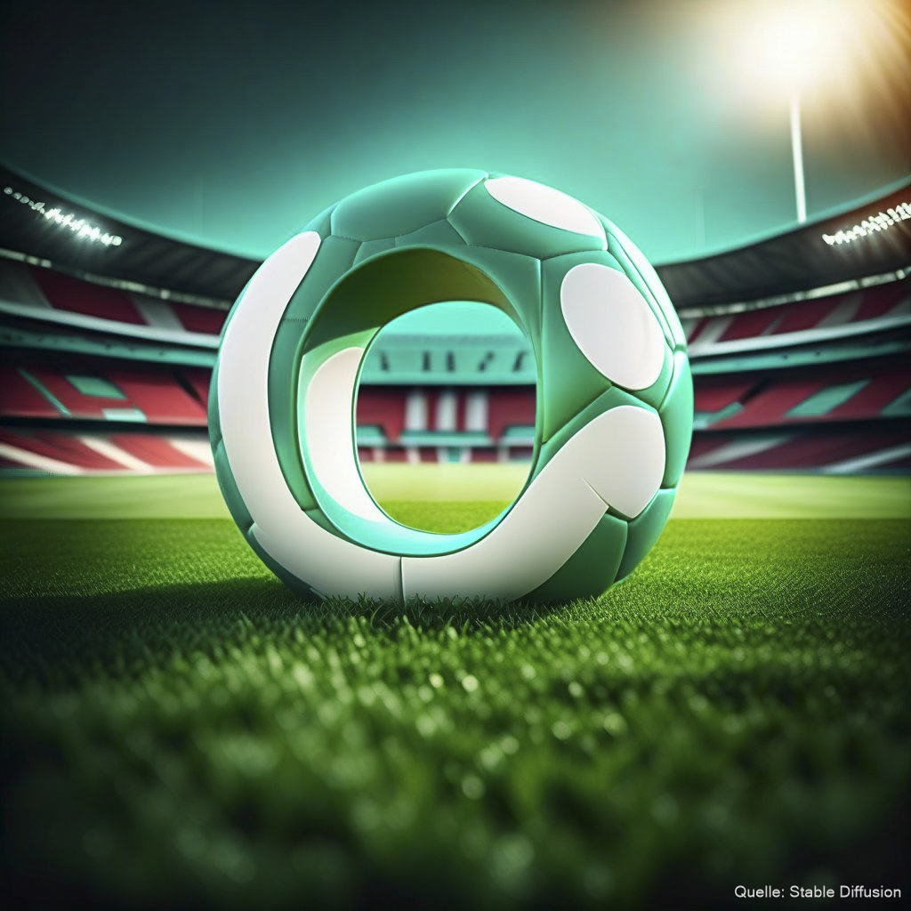 soccer ball shaped like the Letter O on grass inside a stadium, color scheme: Light Sea turquoise