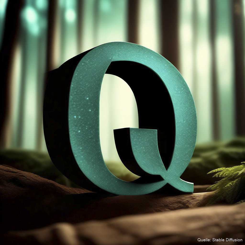 Letter "Q" made from sandstone sitting inside a dark magical forest, color scheme: Light Sea turquoise