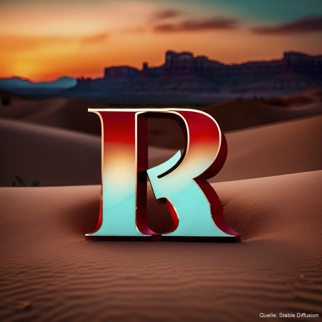Letter "R" like in the logo of red dead redemption in a desert at dusk, color scheme: Light Sea turquoise