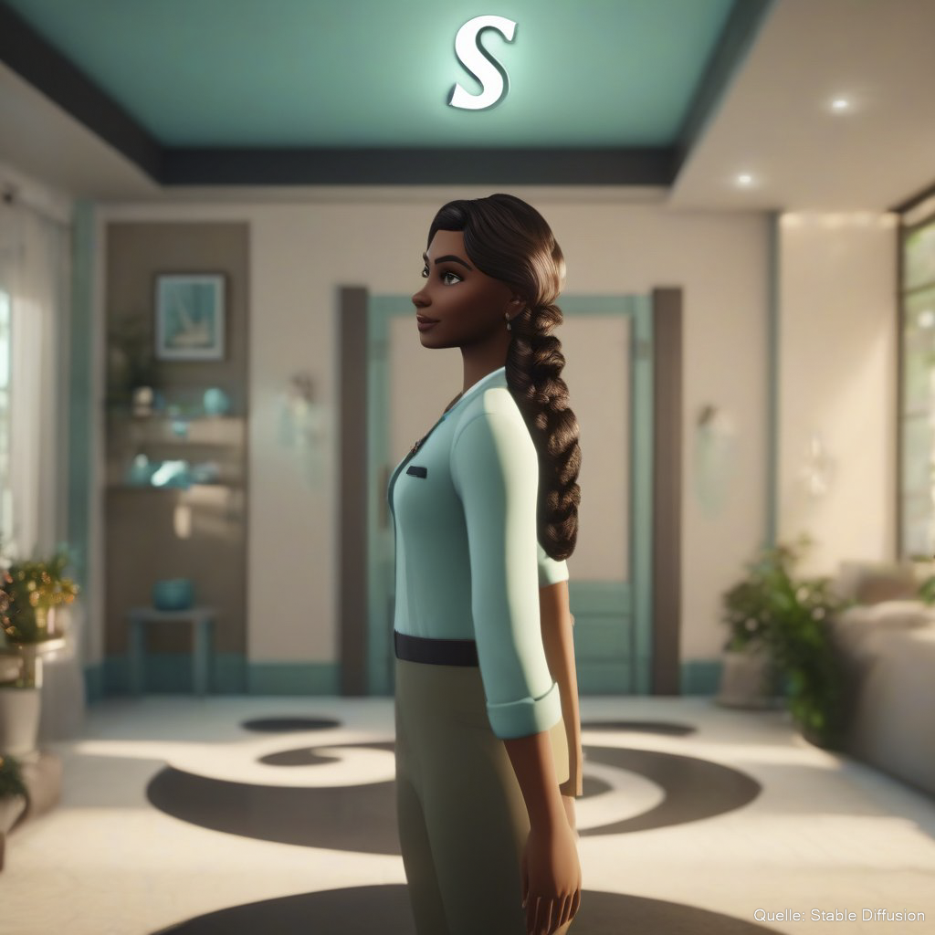 a sims character standing indoors with a small letter "S" floating above the head,color scheme: Light Sea turquoise