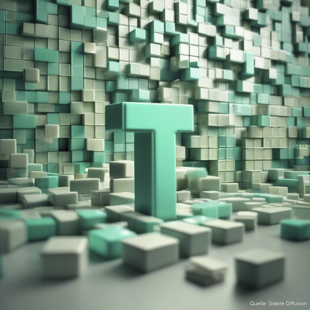 Letter "T" surrounded with Tetris bricks, color scheme: light sea turquoise