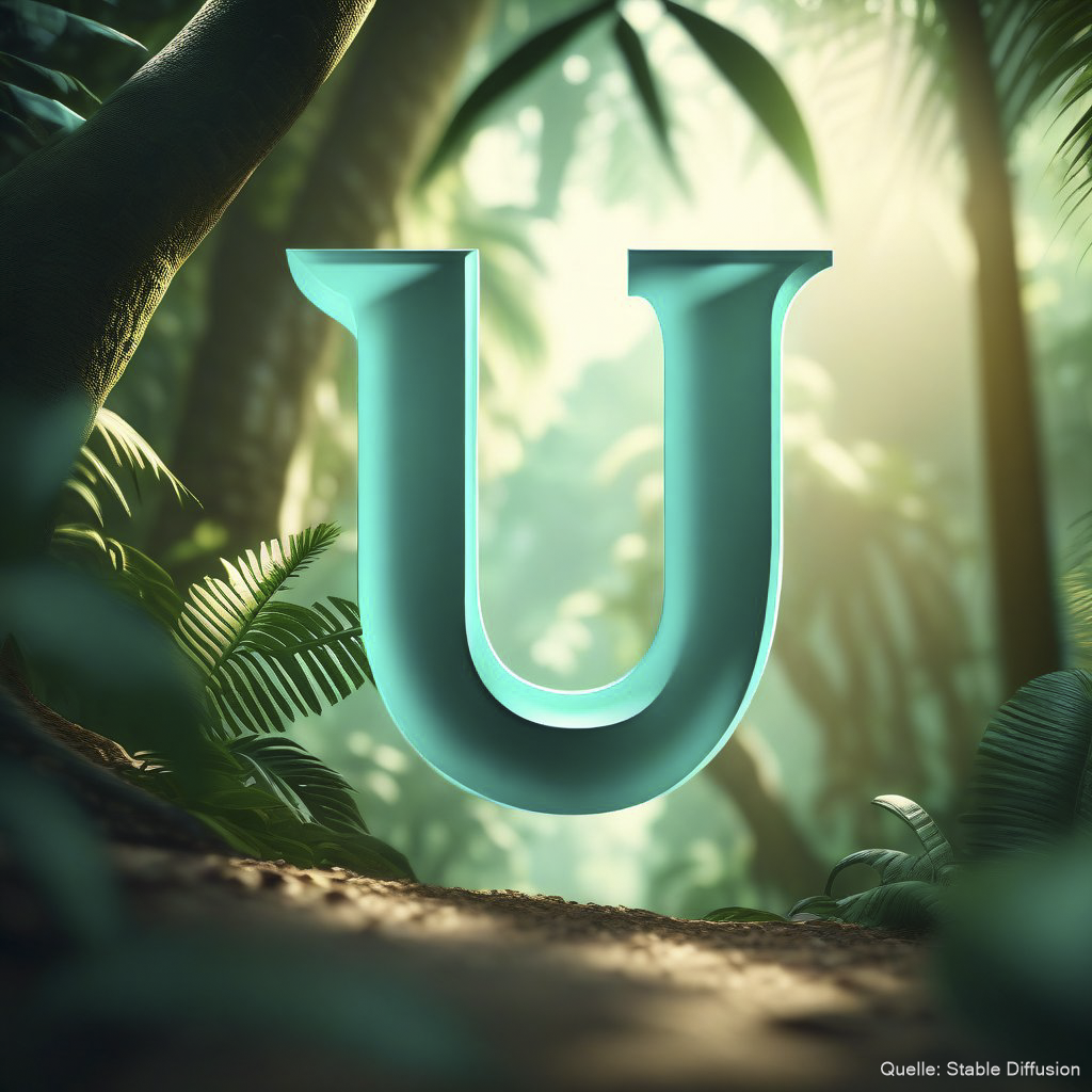 Letter "U" like in the uncharted logo in an adventure game taking place in a jungle, color scheme: light sea turquoise