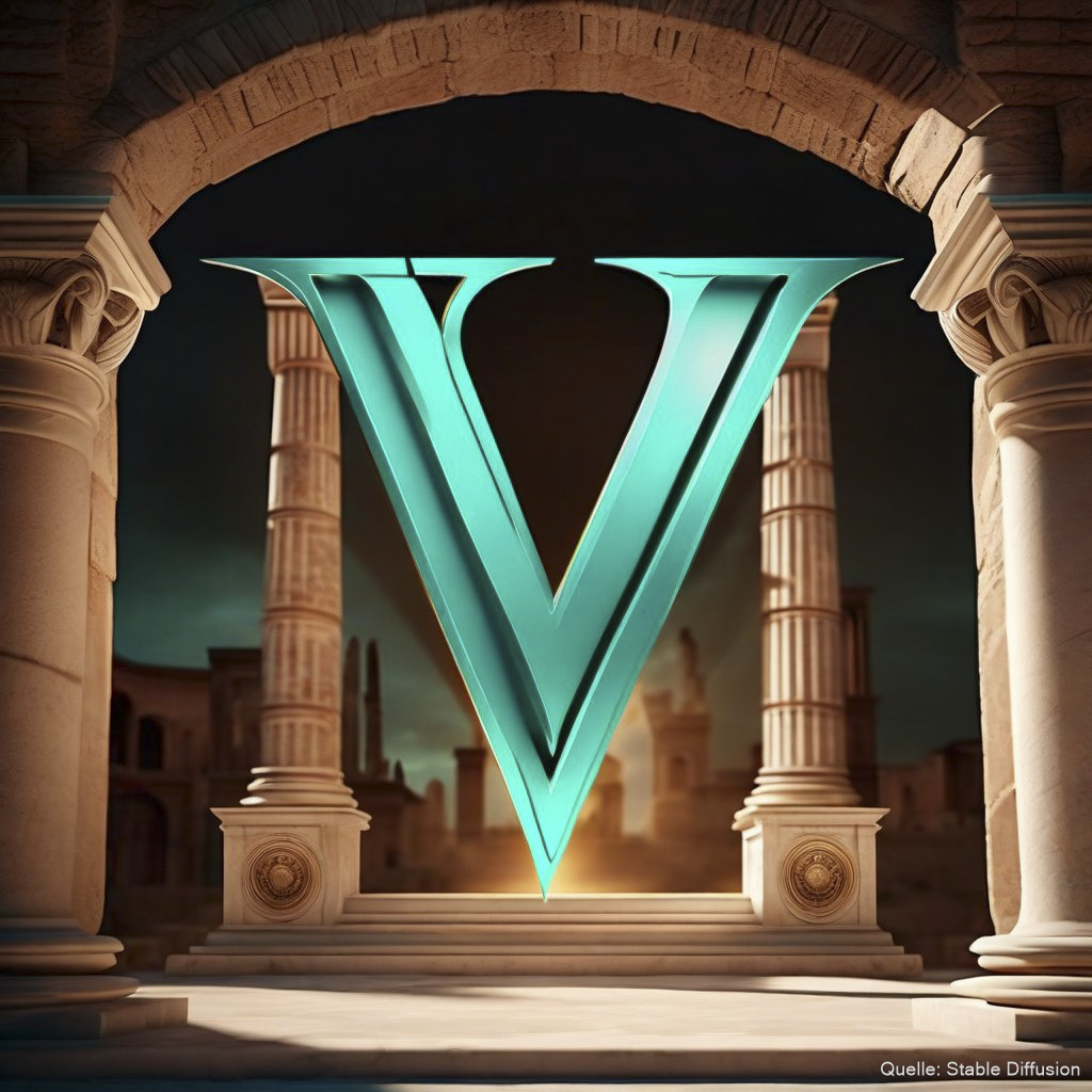 Letter "V" in the assassins creed logo, background ancient roman city, color scheme: light sea turquoise