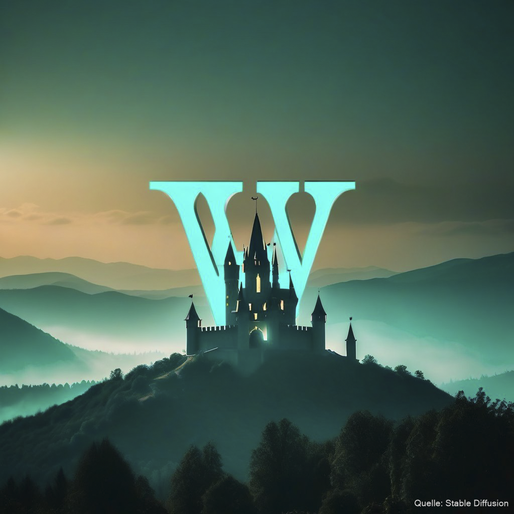 Letter "W" as if it was the witcher logo, background: magical dark spooky castle, color scheme: light sea turquoise