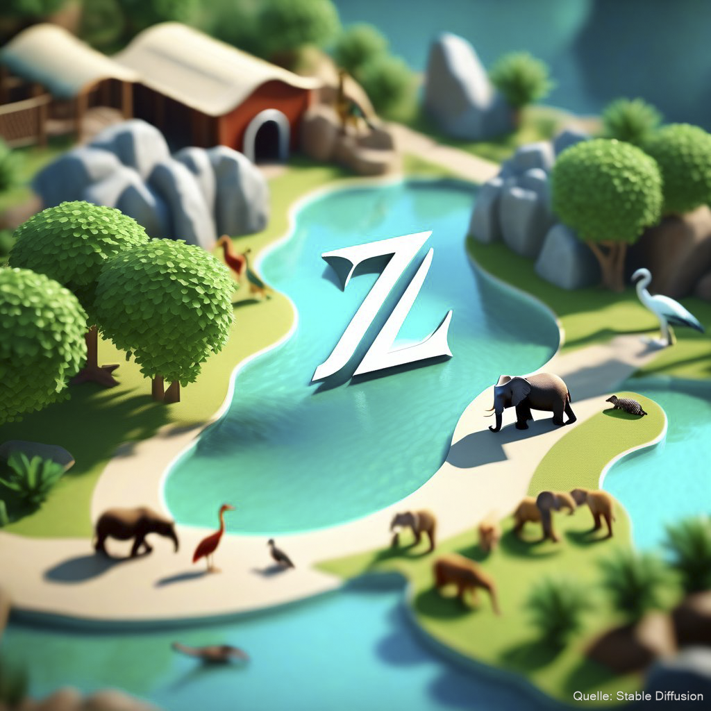 foreground: Letter "Z" as the logo from the zoo tycoon game, background: isometric view on a zoo with lots of different animals, color scheme: light sea turquoise