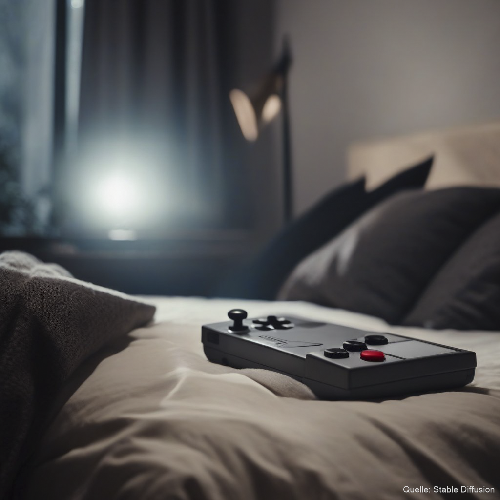 Eine Spielkonsole liegt auf einem Bett.