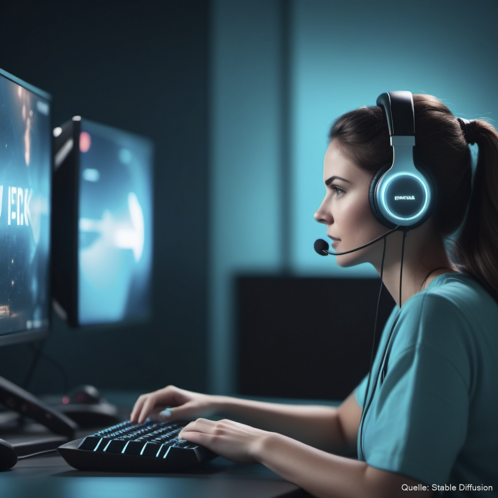 A live stream of a female person playing video games with live chat overlay on the image, color scheme: dark cyan