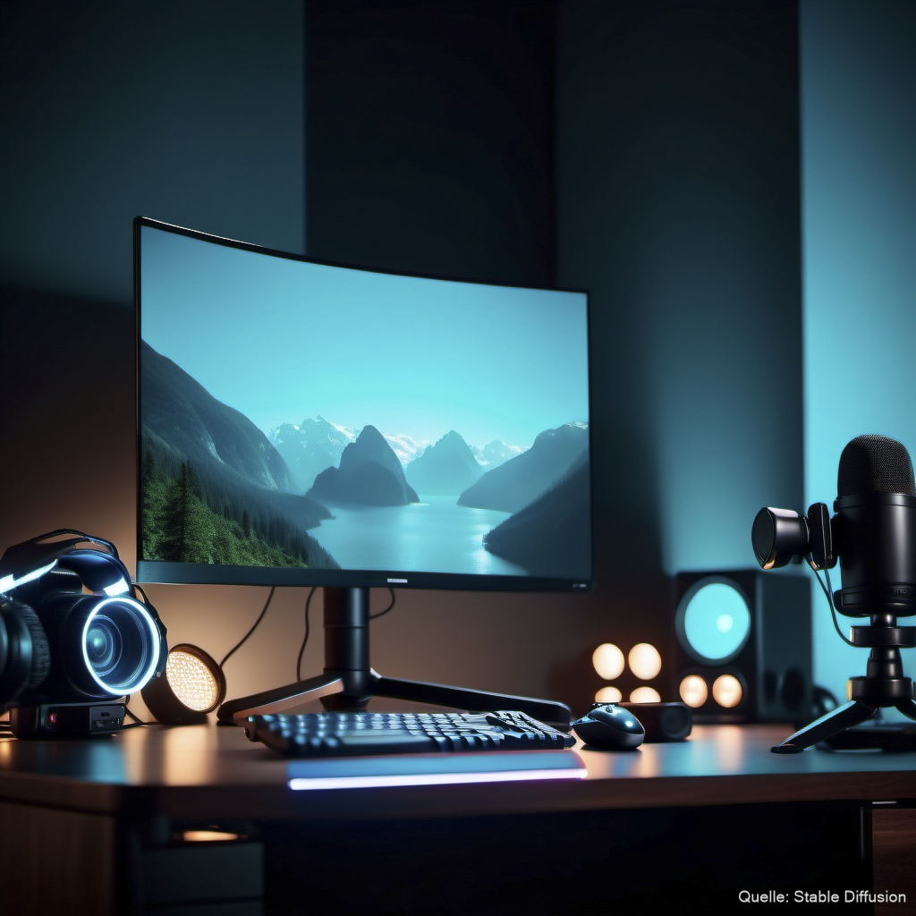 a live stream gaming setup on a desk with lights, microphone and webcam an adventure game on the screen, color scheme: dark cyan