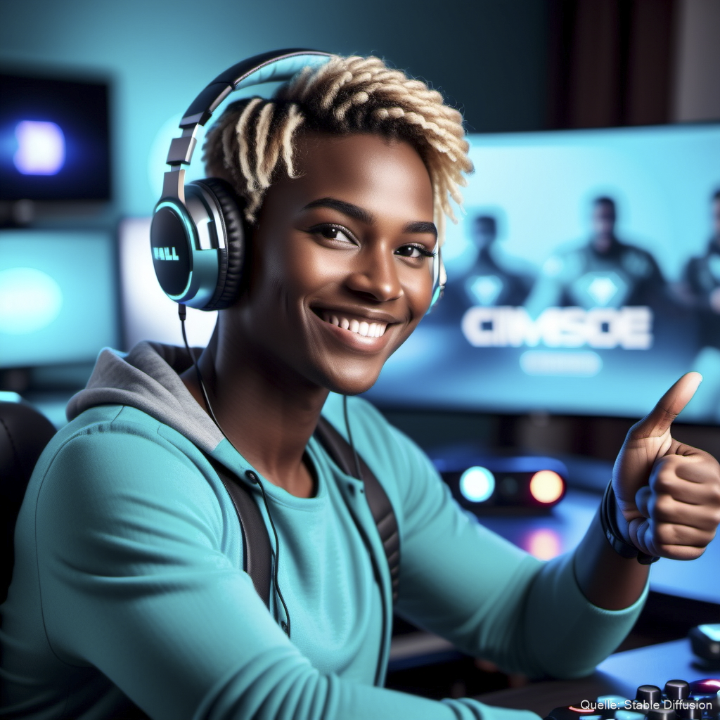 a streamer with brown skin and light hair smiling and giving a thumbs up surrounded by gaming related things, color scheme: dark cyan