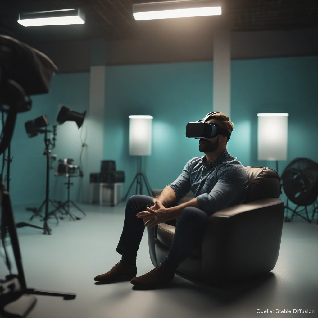 Ein Mann sitzt. Er trägt eine VR-Brille.